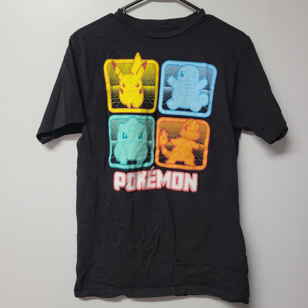 Pokemon Mens Retro Grid Graphic T-Shirt Pikachu Squirtle Black Size M 2023